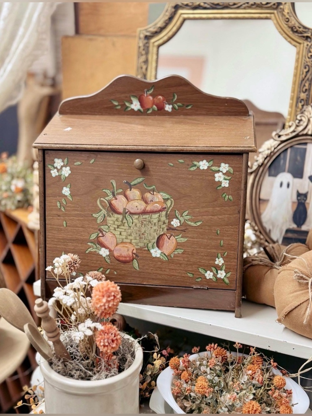 Vintage Farmhouse Apple Basket Faux Wood Drop Front Cottage Bread Box